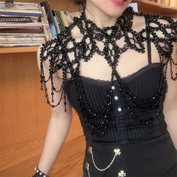 Catene Collana da donna fatta a mano con perline di cristallo nero Abito da sposaScialle Stringa di perline Catena di forma irregolare con nappe Accessori Oggetti di scena