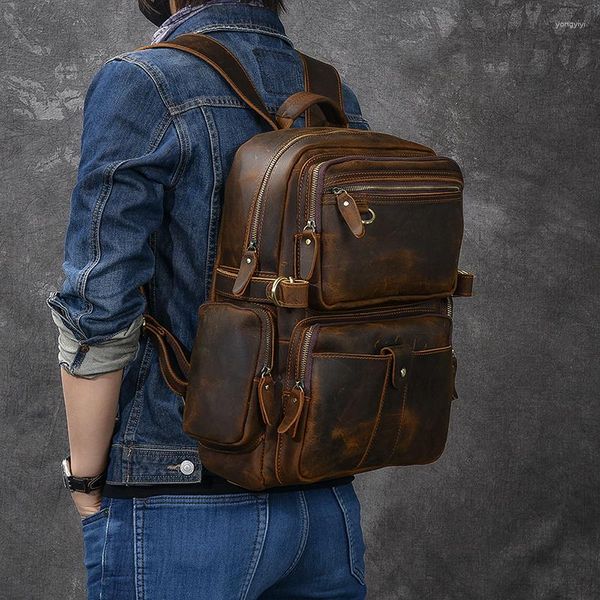 Zaino in pelle 2024 Zaino autentico fatto a mano Borsa da scuola con manico superiore Zaino Tas Retro Travel