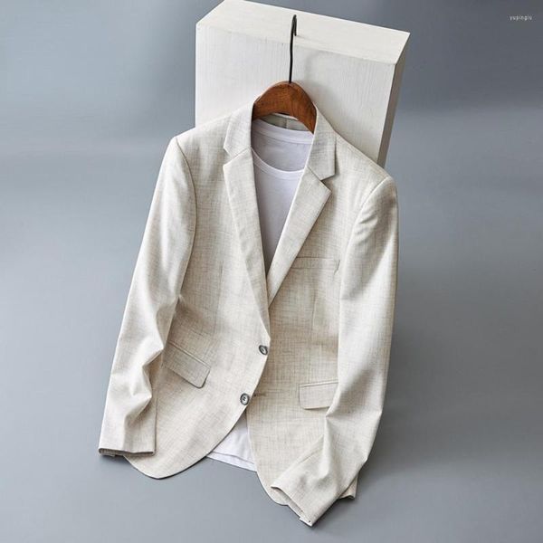 Мужские костюмы 2023, модный джентльменский хлопково-льняной костюм, пальто, повседневный однотонный мужской костюм с разрезом на груди