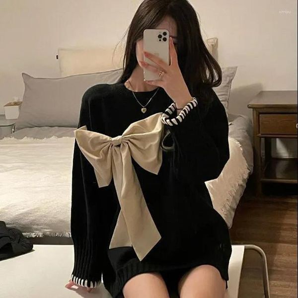 Kadın Sweaters Ebaihui Kadınlar Yumuşak Glutinous Sweater Tembel Stil Bow Tie Ladies Örgü Sonbahar ve Kış Gevşek Yuvarlak Boyun Uzun Kollu