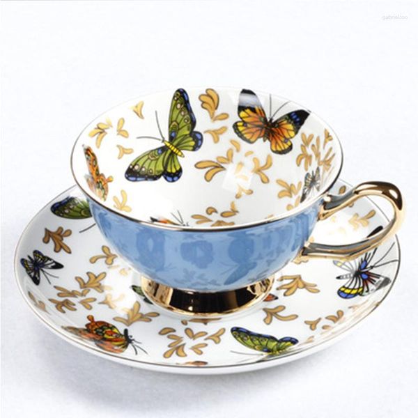 Tassen Untertassen Kaffee Porzellan Hochwertiges Schmetterlingsblumen-Teetasse-Untertassen-Set Britische Nachmittagsteezeit Keramiktasse Trinkgeschirr