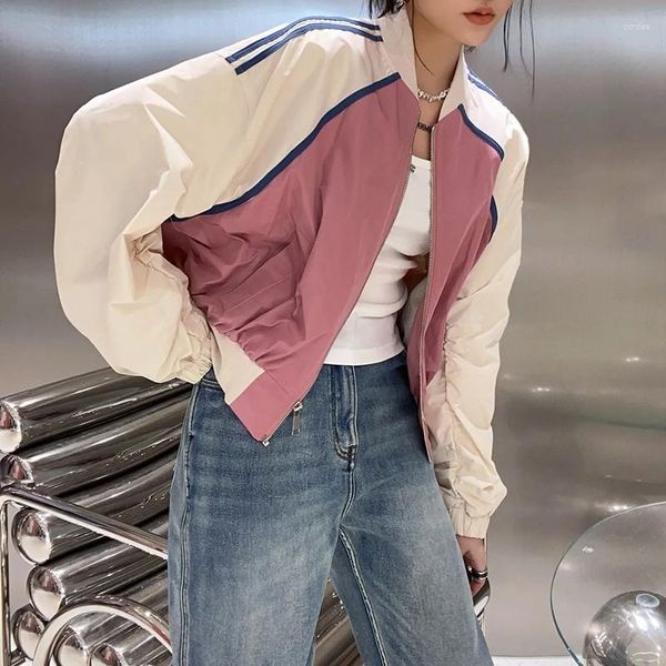 Kadın Ceketleri 2023 Moda Patchwork Bombardıman Kadınlar için Kore Gevşek Kırpılmış Kadın O boyun boyunlu Soleve Giyim Ceket Kadın