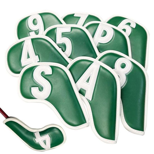 Outros produtos de golfe 9pcs Golf Iron Head Covers Green PU Leather Golf Club Covers 4 5 6 7 8 9 P A S X Protetor Capa à prova d'água para suprimentos de golfe 230907