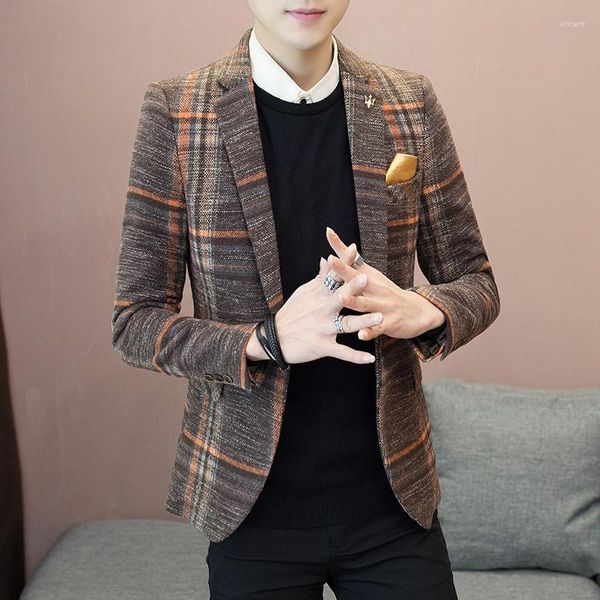 Erkekler 2023 Moda Yakışıklı Koreli Versiyonu Eşleşen Ekose Blazer Ceket İngiliz Youth Slim West Kalın Stil