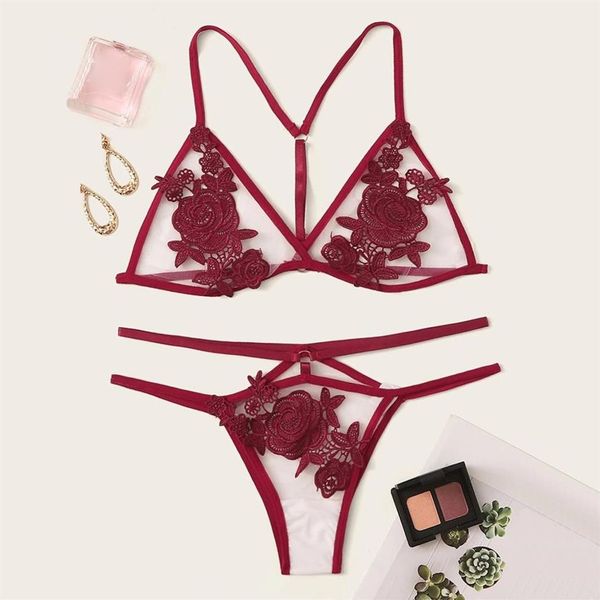 Set intimo donna Set reggiseno sexy Set di lingerie rossa con applicazioni ricamate in pizzo reggiseno da notte316G