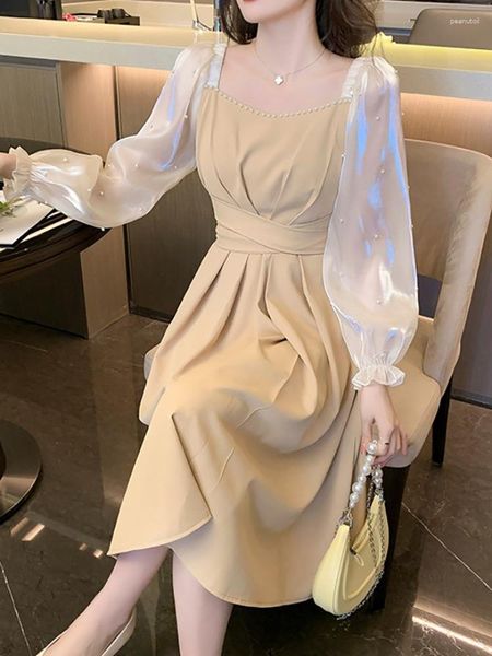 Vestidos casuais 2023 verão feminino francês pérola colar midi vestido coreano senhoras graciosa noite festa retalhos cintura fina