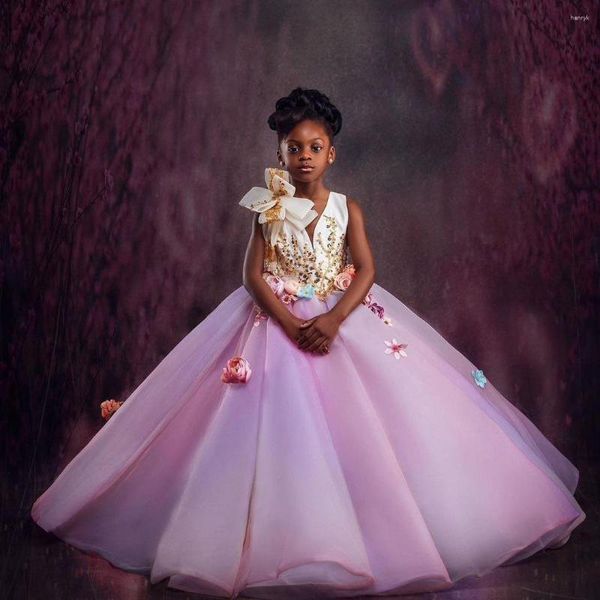 Mädchen Kleider Hübsches A-Linie Gold Pailletten Applikationen Kinderkleid Geburtstagsfeier Kind Blumenkleider Afrikanisches Organza Tüll Ballkleid