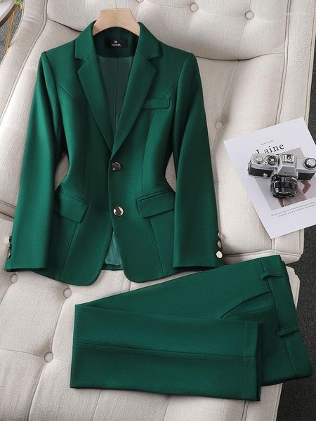 Pantaloni a due pezzi da donna Autunno Inverno Donna Abito pantalone formale verde Blu navy Giacca e pantaloni slim moda Office Lady Business Work Wear