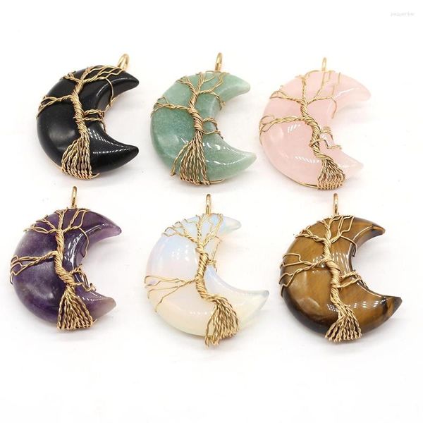 Anhänger Halsketten Mode Naturstein Chakra Mondförmige Wire Wrap Opal Amethyst Kristall für Schmuckherstellung DIY Charms Halskette Geschenk