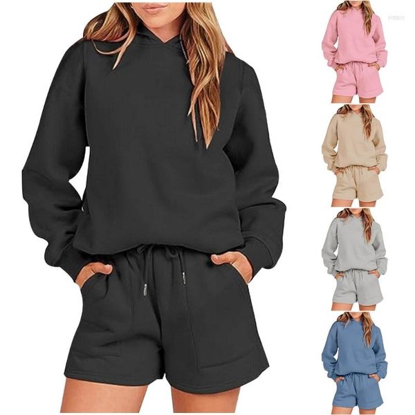 Mulheres Tracksuits Womens Casual Two Piece Outfit Set Cintura Alta Bolso Shorts Calças Manga Longa Moletom Com Capuz Streetwear