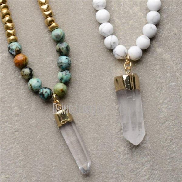 Correntes NM22313 Mergulhado Clear Quartz Point Cristal Pingente Colar Layerling Pedra Grânulos Jóias Para Mulheres