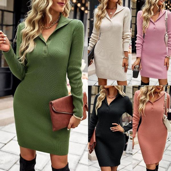 Vestidos casuais vestido de malha lapela colarinho manga longa com botões mulheres soltas malhas coreanas mini elegante suéter vestidos