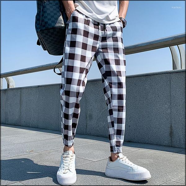 Männer Hosen Knöchel-Länge Plaid Harem Männer Kleidung Jogger Hosen Japanische Mode Grau Jogginghose 2023