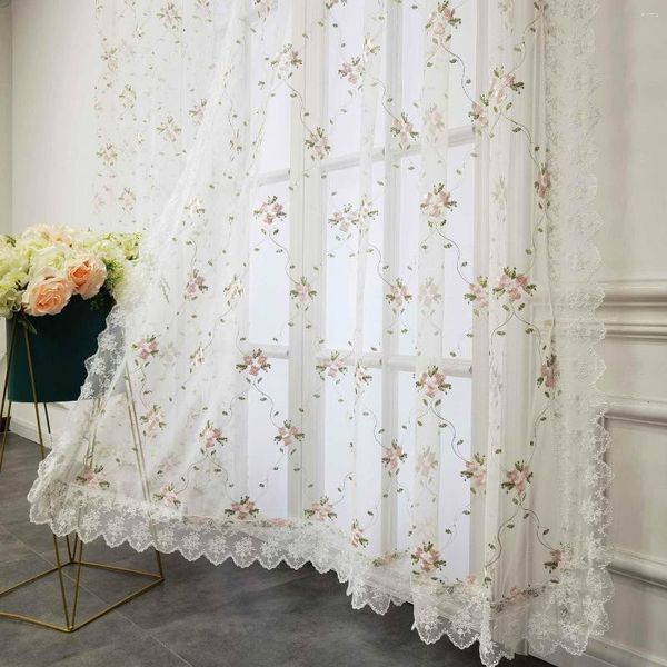Vorhang Romantische Stickerei Spitze Rosa Blumen Für Wohnzimmer Sheer Voile Drapieren Prinzessin Schlafzimmer Hochzeit Hause Dekoration # E