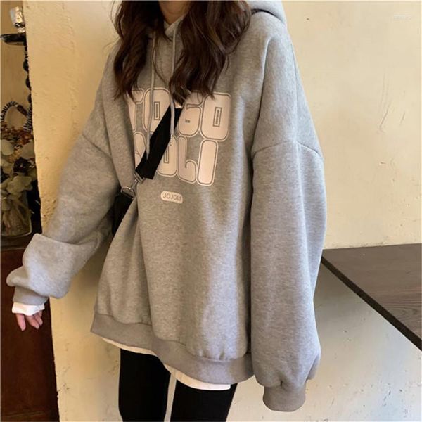 Hoodies femininos senhoras oversized boné pulôver moletom feminino vermelho cinza topo primavera kawaii harajuku letras impressão