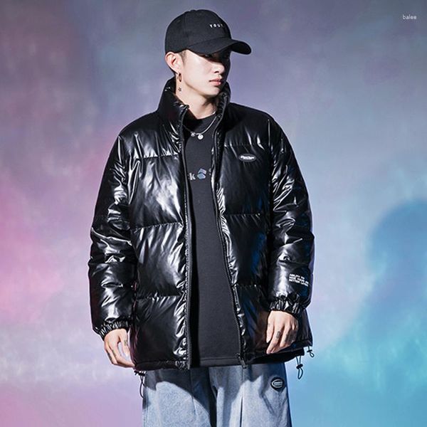 Masculino para baixo streetwear masculino preto gola espessamento jaqueta confortável roupas de algodão tecido reflexivo outerwear inverno feminino