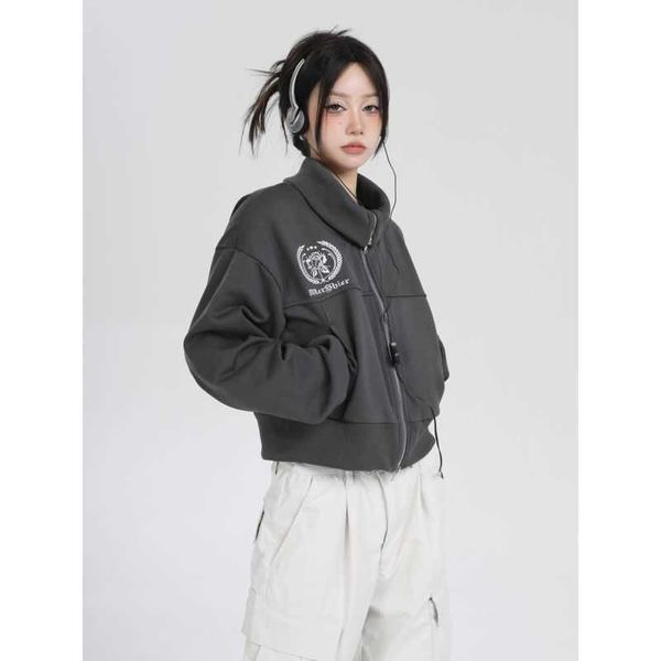 Deeptown Y2k Streetwear Cappotto corto con zip grafica Donna Hip Hop Casual Felpa con cappuccio grigia vintage Harajuku Top a maniche lunghe Grunge femminile