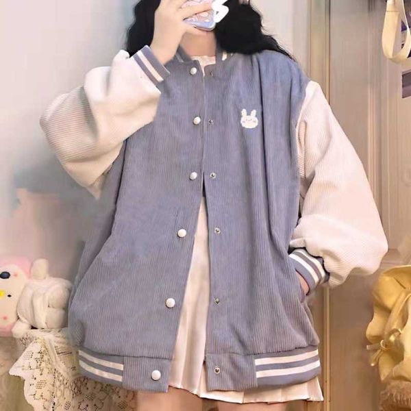 Deeptown giapponese Kawaii Patchwork Bomber Giubbotti Donna Stile Preppy Simpatico coniglio Giacca da baseball in velluto a coste Cappotti oversize Donna