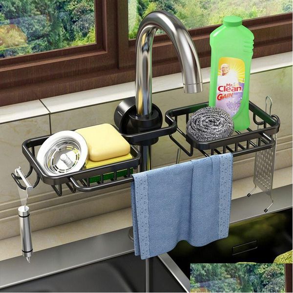 Lagerung Halter Racks Küche Waschbecken Abfluss Rack Schwamm Lagerung Wasserhahn Halter Platz Aluminium Seife Abtropffläche Regal Korb Organizer Bathro DHR9H