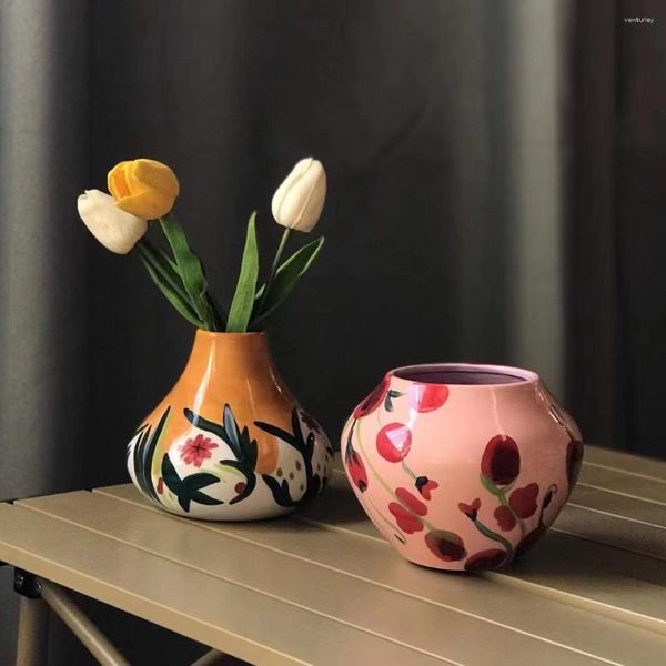 Vasi Vaso in ceramica retrò dipinto a mano americano Decorazione del soggiorno Composizione floreale in stile