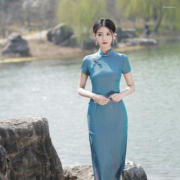 Ethnische Kleidung, Sommer, elegant, hochgeschlitzt, lang, blau, Cheongsam, Leistung, Retro, chinesischer traditioneller Stil, Abendkleid, Qipao für Frauen