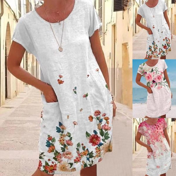 Vestidos casuais verão feminino flor impressão algodão linho curto moda floral estilo ocidental em torno do pescoço manga bolso vestido