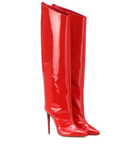 Stivaletti lunghi da donna in pelle specchiata color caramello metallizzato Stivali lunghi da donna al ginocchio 12 cm Tacchi alti Stivali con cerniera a punta Grandi dimensioni per scarpe da festa per ragazze