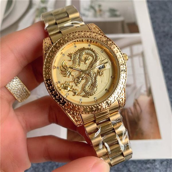Orologi delle migliori marche di moda Orologio da polso al quarzo con cinturino in acciaio in metallo stile drago cinese X145278d