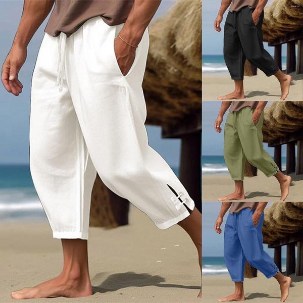 Pantaloni da uomo in lino estivo da spiaggia tinta unita con orli aperti per comfort e traspirabilità vacanze casual e quotidiane