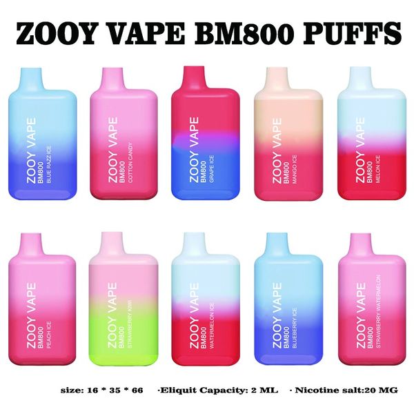 Zooy vape BM 800 Vape descartável Puff 800 Cartucho de cigarros 500mAh Bateria de 2 ml de vagens preenchidas no estilo Ecig Vaporizador portátil Original 20mg