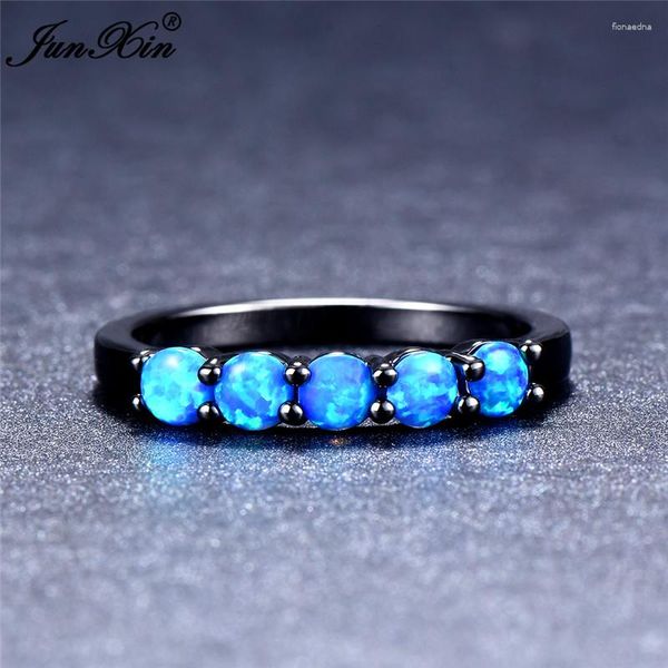 Anéis de casamento Junxin Boho Feminino Pequeno Anel de Pedra Azul Opala de Fogo para Mulheres Preto Ouro Cheio Bandas Único Birthstone
