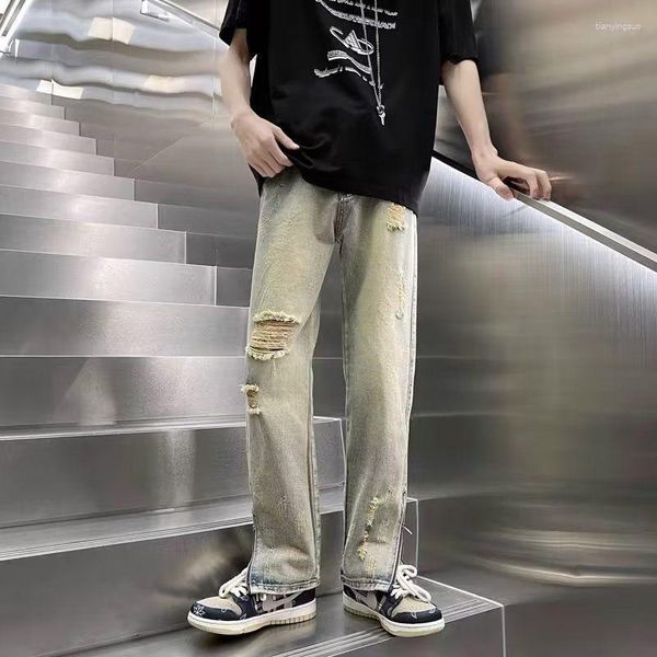 Männer Jeans High Street Vintage Gerade Flare Hosen Harajuku Frühling Streetwear Casual Zerrissene Übergroße Denim Hosen A79