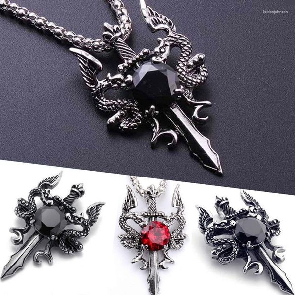 Anhänger Halsketten Retro Gothic Double Dragon Dolch Kristall Männer Frauen Zirkon Silber Farbe Punk Halskette Trend Party Schmuck