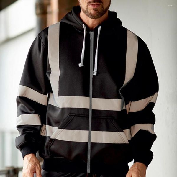 Herren-Kapuzenpullover mit reflektierenden Streifen, Sweatshirt-Mantel, Kapuzenjacke, Winter-Kapuzenpullover mit Sicherheitsstreifen, Reißverschlussleiste und Kordelzug