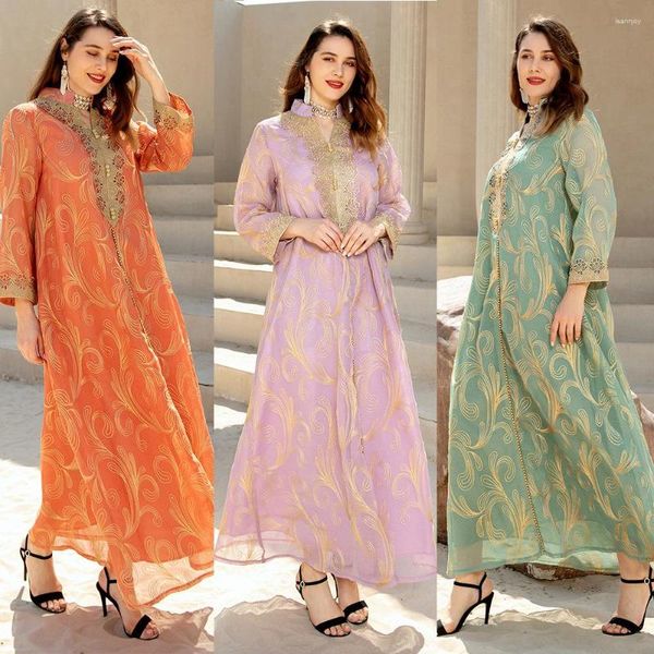 Ethnische Kleidung 2023 Ramadan Eid Abaya Kleid für Frauen Modest Muslim Goldfaden Stickerei Jalabiya Marokkanischer Kaftan Dubai Arabische Robe