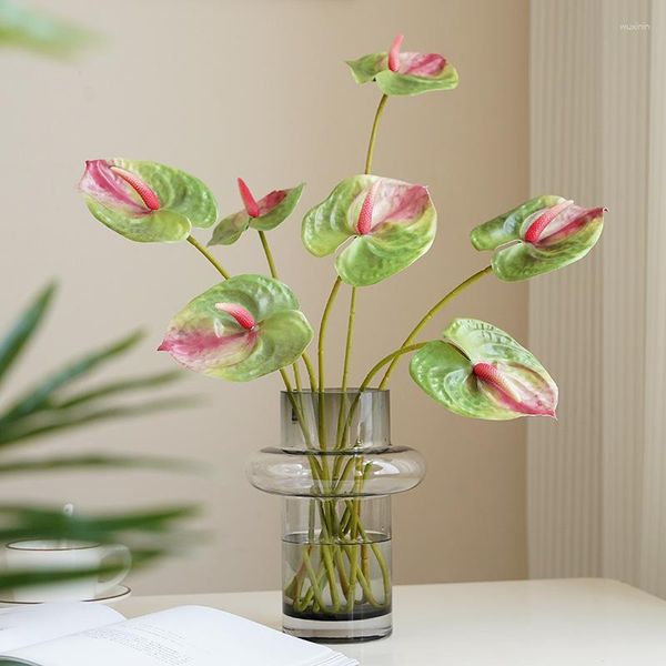 Flores decorativas 10pcs impressão 3D antúrio pu artificial para decoração de casa planta verde vaso arranjo de flores de casamento acessórios