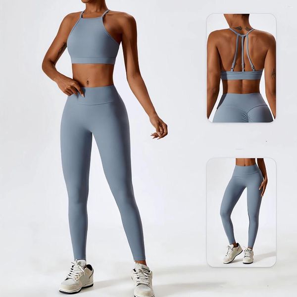 Active Sets 2-teiliges Outfit Yoga-Set Damen Gym Lounge Wear Crop Sport Tops Fitness Leggings Schnelltrocknende Nylon-Trainingsanzüge 5 Farben