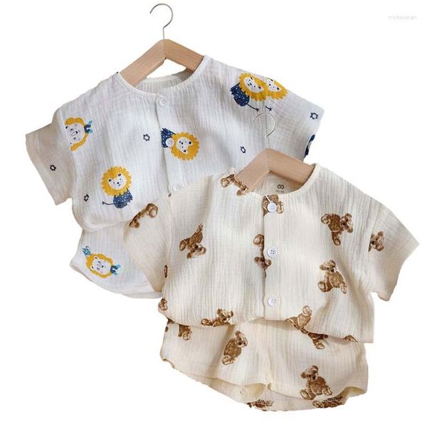 Conjuntos de roupas verão crianças dos desenhos animados urso leão musselina cardigan camiseta shorts respirável roupa moda bebê terno para meninos meninas