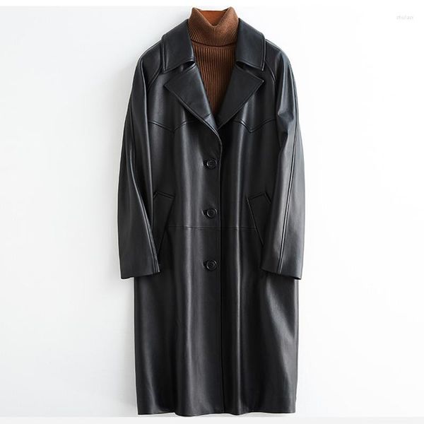 Casaco de couro feminino primavera outono preto oversized trench coat para mulher manga raglan lapela solto casual elegante moda coreana 2023
