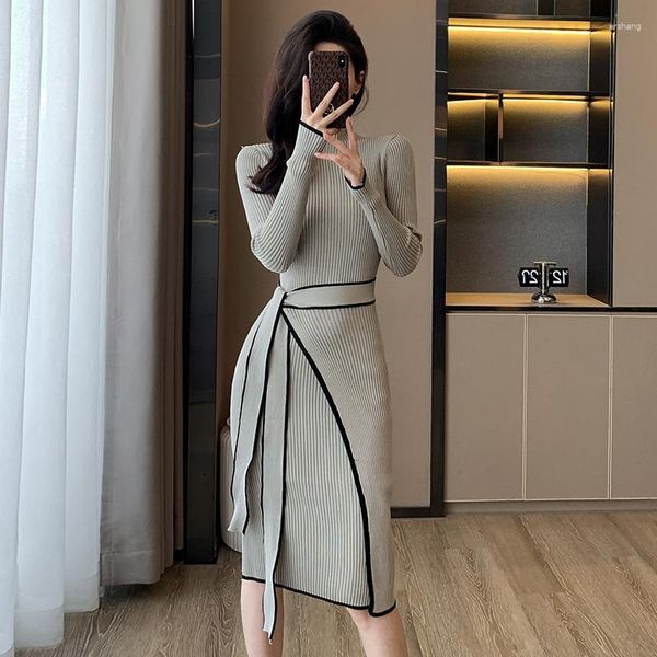 Casual Dresses Frauen Strickkleid Herbst Winter Slim Lace-Up Langarm Bottoming Pullover Rock Elegante Mode Büro Weibliche Vestidos