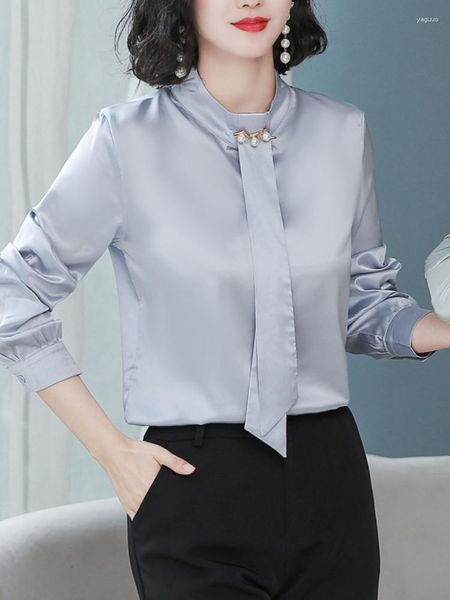 Blusas femininas moda mulher 2023 outono roupas femininas pérola fivela gravata blusa cetim senhora do escritório topos camisas básicas para mulher