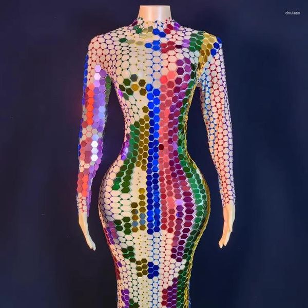 Sahne Giyim Avrupa ve Amerikan Model Gece Kulübü Kadın DJ Beş Renkli Lens Patchwork Kalçaları Uzun Elbise Partisi