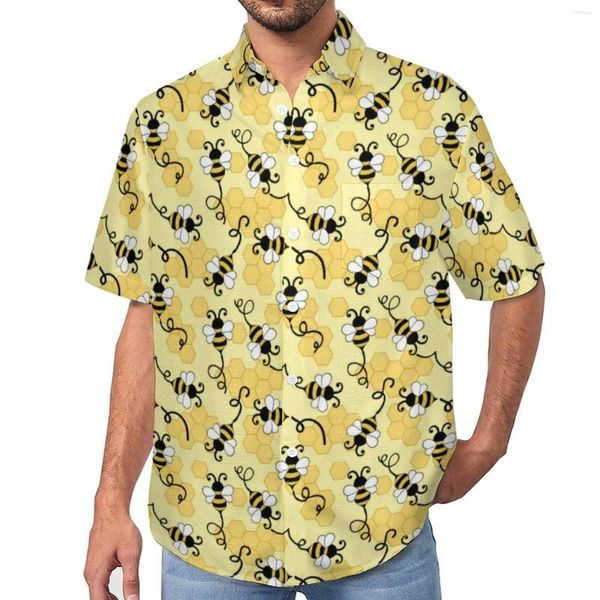 Camicie casual da uomo Simpatiche piccole api Camicia da spiaggia con stampa animalier dei cartoni animati Camicette streetwear hawaiane Grafica da uomo Taglie forti