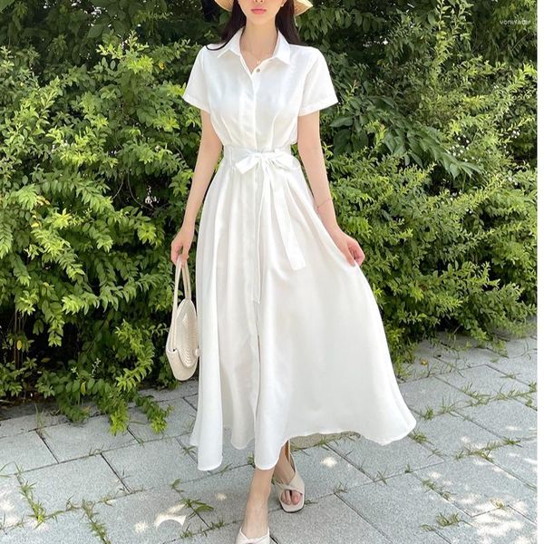 Lässige Kleider Südkorea Chic Sommer Französisch Stil Einfarbig Einreiher Halb Offener Kragen Riemen Taille Langes Hemd Kleid Frau