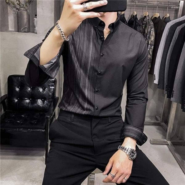 Camisas de vestido masculinas listradas de manga comprida e blusas para homens preto negócio estético homem tops moda elegante 2023 algodão verão s i roupas