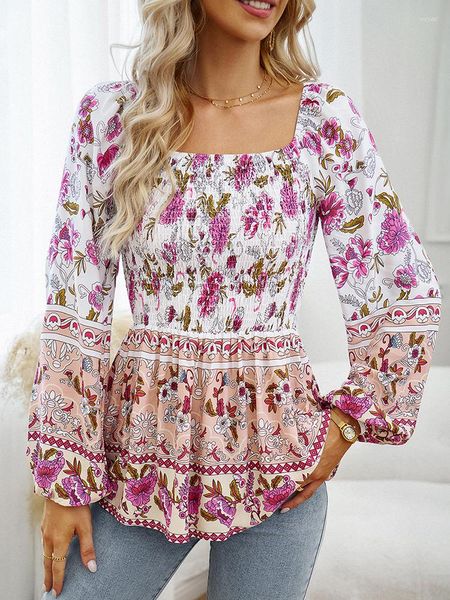 Blusas femininas khalee yose boho floral impresso blusa camisa fora do ombro vintage chique mulheres vocação casual férias senhoras vestidos