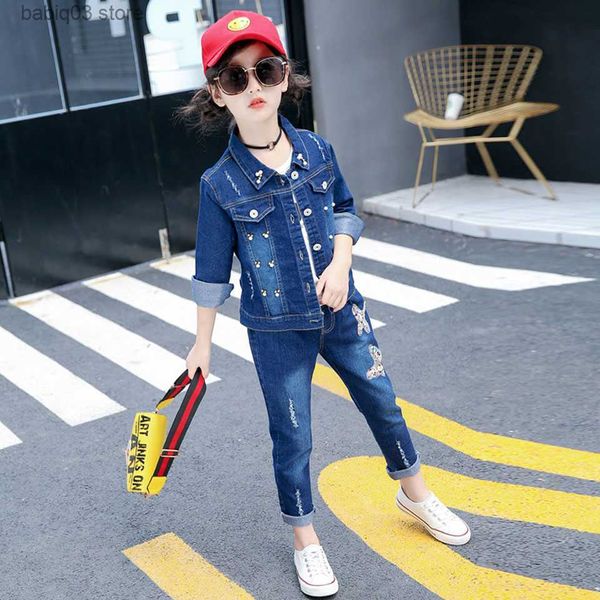 Kleidungssets Mode Frühling Herbst Kinder Mädchen Kleidung Sets Denim O-Ausschnitt Tops + Jeans 2 Stück Langarm süße Denim Anzüge 6 bis 15 Jahre alt T230907