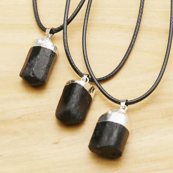 Ожерелья с подвесками из натурального необработанного рудного камня, черный турмалин, кожаное покрытие, веревка, серебряная голова, подвески, ожерелье, подвески, минеральные лечебные украшения