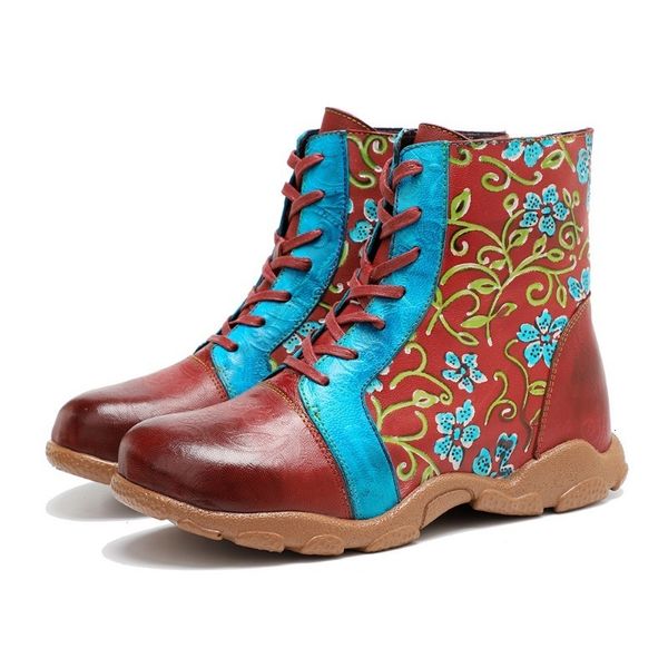 Stiefel Damen Frühling Herbst Knöchel Applikationen ZIP Echtes Leder Bedruckte Spitze Britischer Stil Schuh Ziegelrot Modern 230907