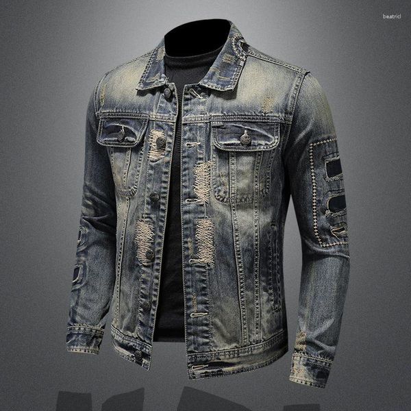 Jaquetas masculinas 2023 Europeu e americano Slim Fit Motocicleta Jaqueta Vintage Bonito Perfurado Denim Casaco Homens